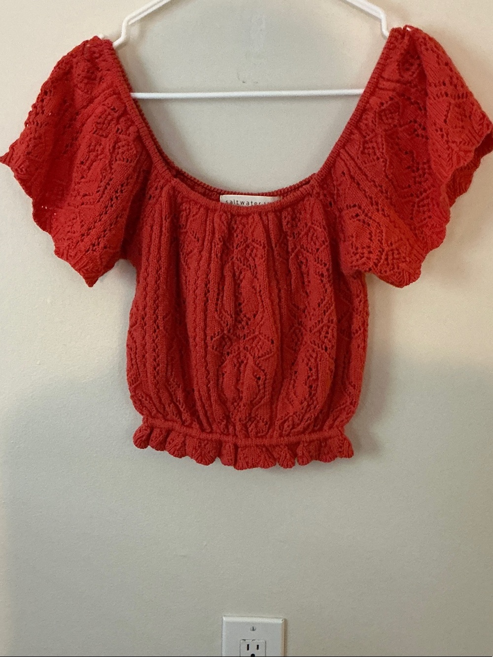 Salt + Cove Red Crochet Puff-Sleeve Crop Top